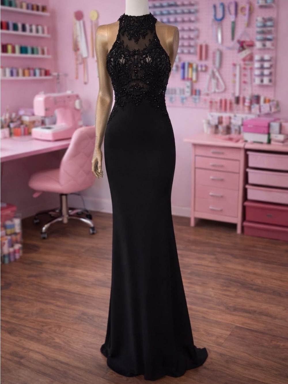 Black Beaded High-Neck Maxi Dress